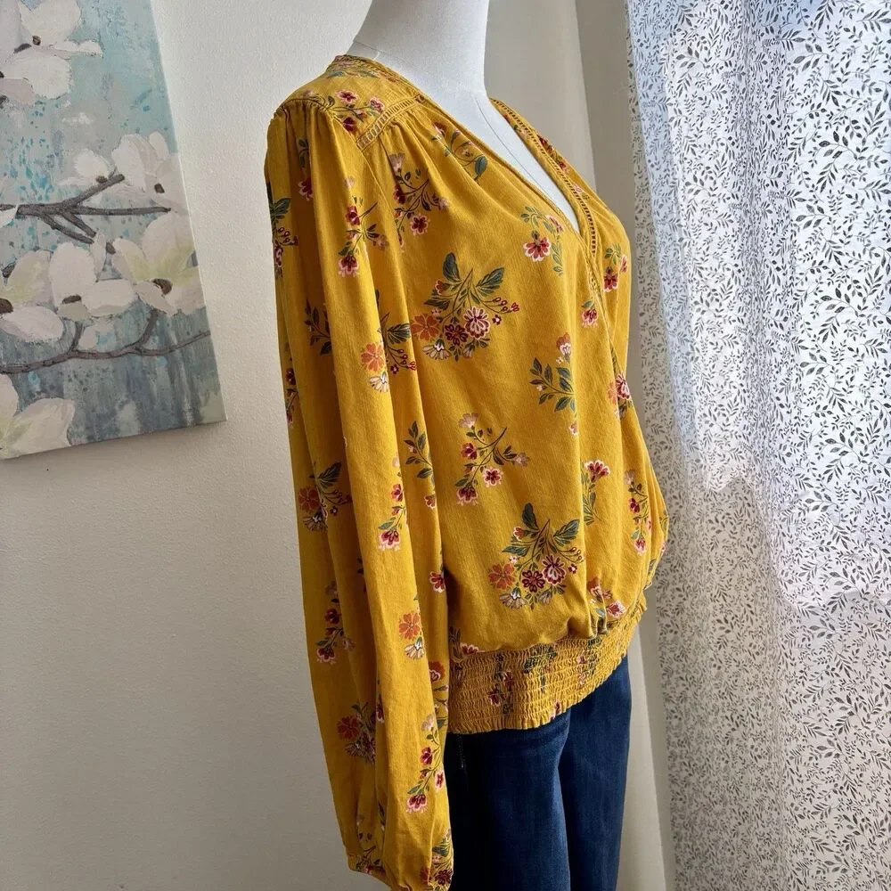 St Johns Bay Womens L Mustard Floral Blouse Surplice Smocked Hem Long Sleeve